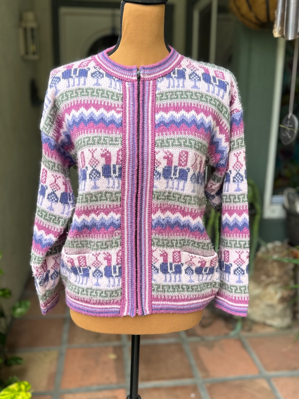 Vtg Alpaca Women's Pink Patterned Zip-Front Sweater Jacket